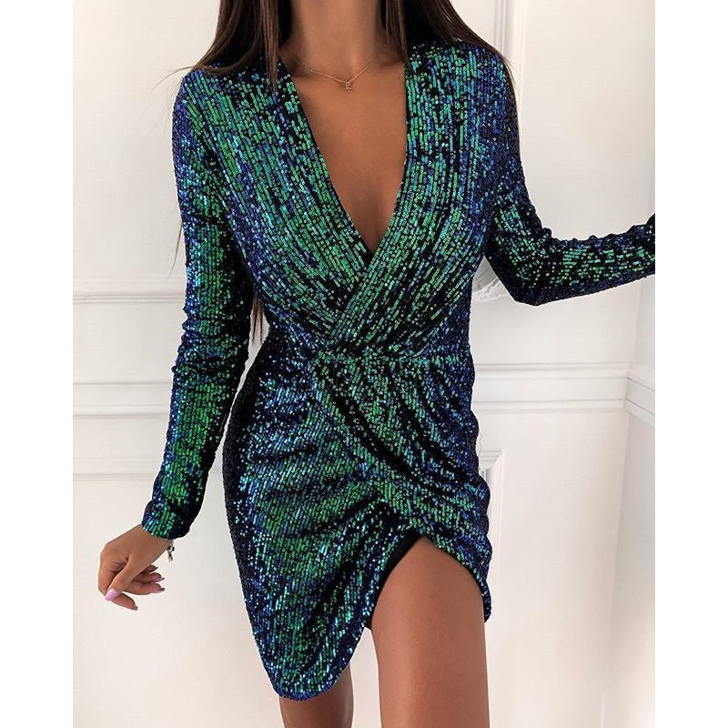 Robe de soirée scintillante à col en V et manches longues pour femme