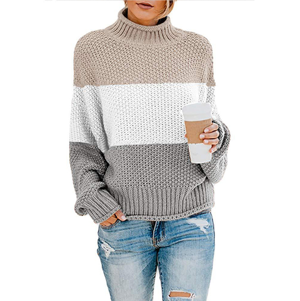 Pull Femme Gros Tricot Col Haut Moderne Color Block
