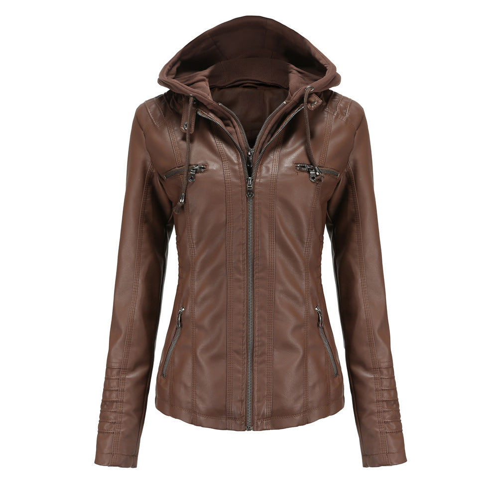 Blouson en cuir élégant, coupe slim, capuche, fermeture éclair