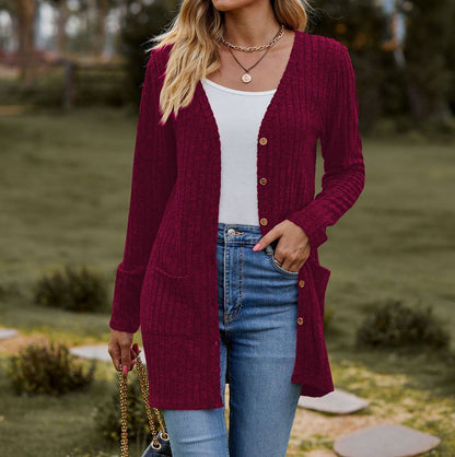 Gilet tricoté doux pour femme avec poches motif côtelé