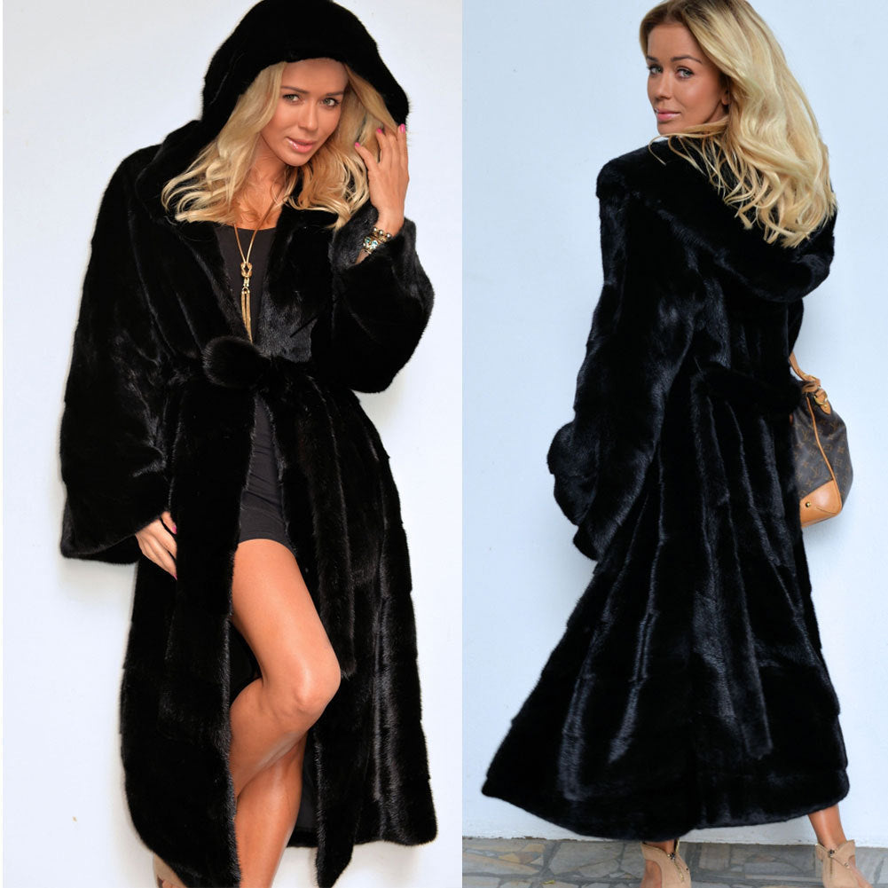 Manteau d'hiver long pour femme avec capuche, parka, fausse fourrure, ceinture