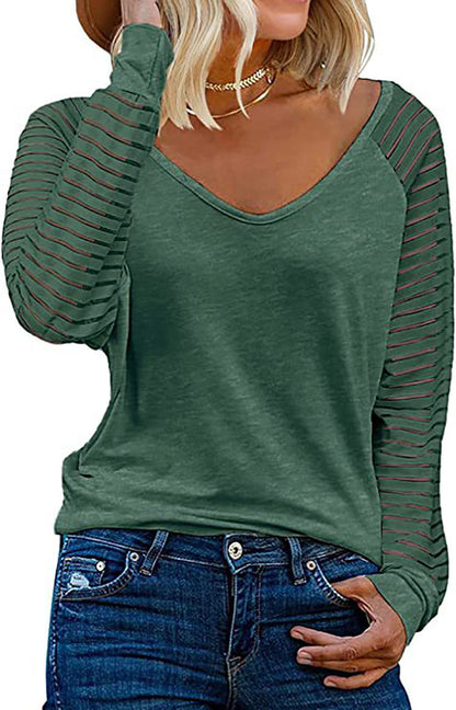 Haut Femme Manches Longues Col V Rayures Manches Tendance