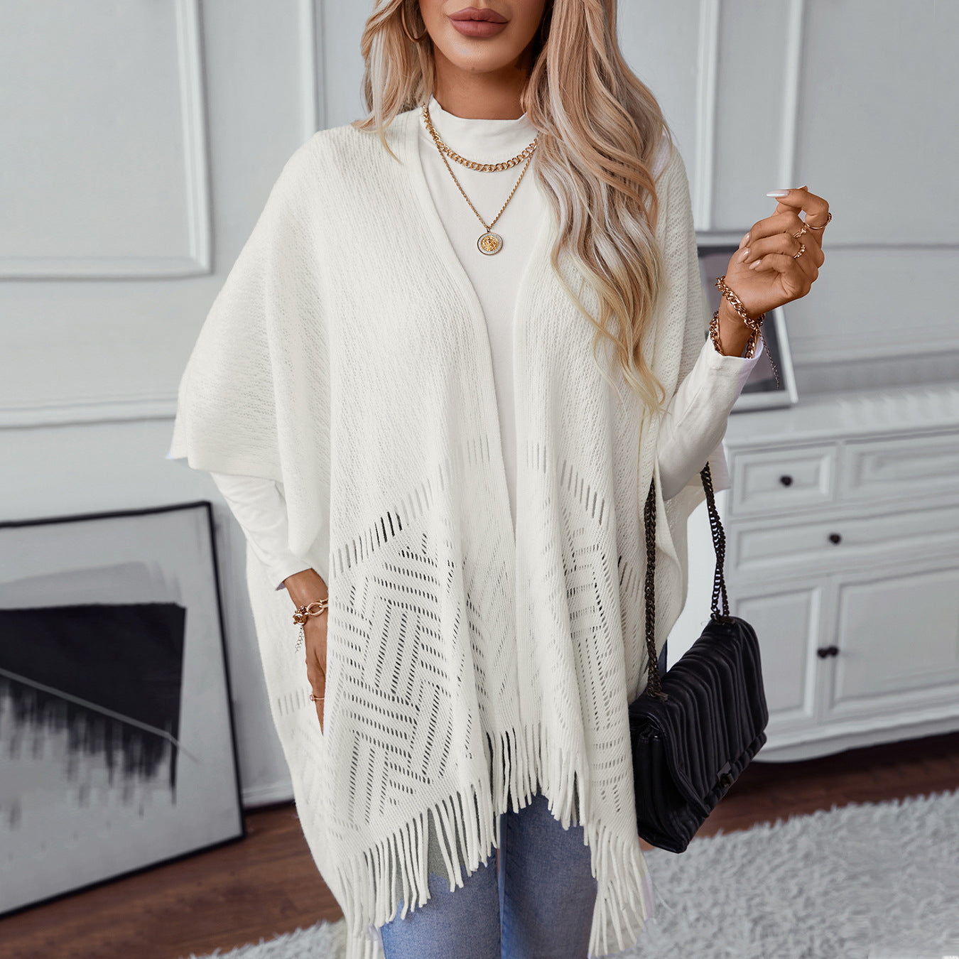 Damen Strickponcho Elegantes Design Fransen Muster - IdealeKleiden