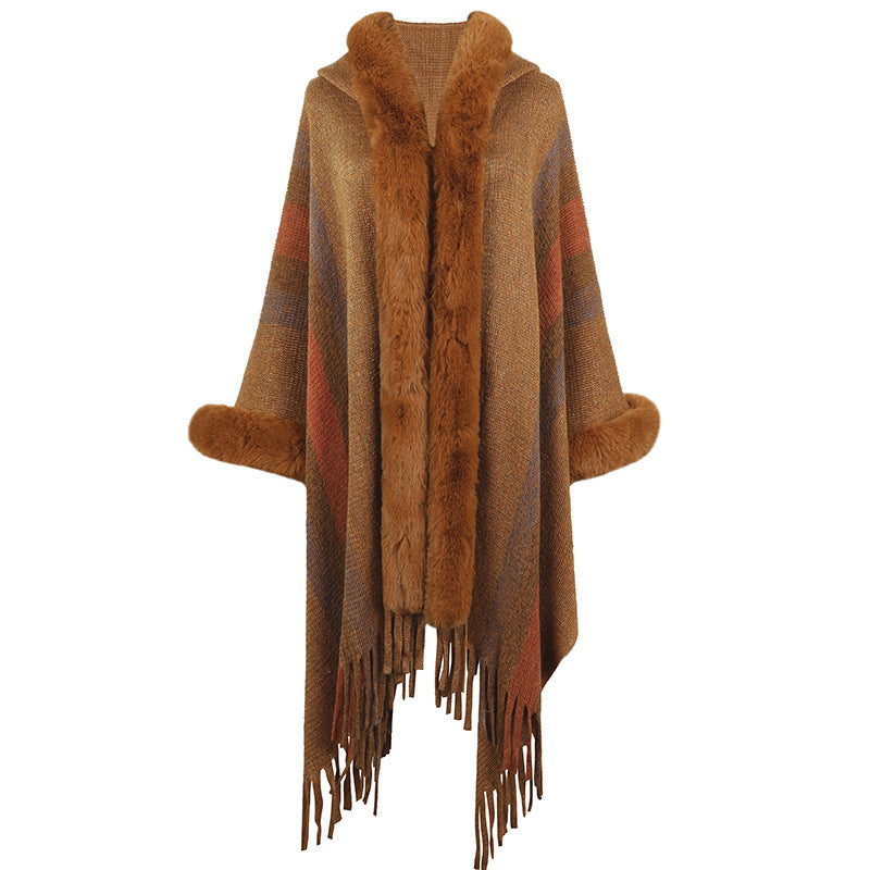 Poncho long femme col en fausse fourrure de luxe