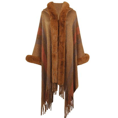 Poncho long femme col en fausse fourrure de luxe