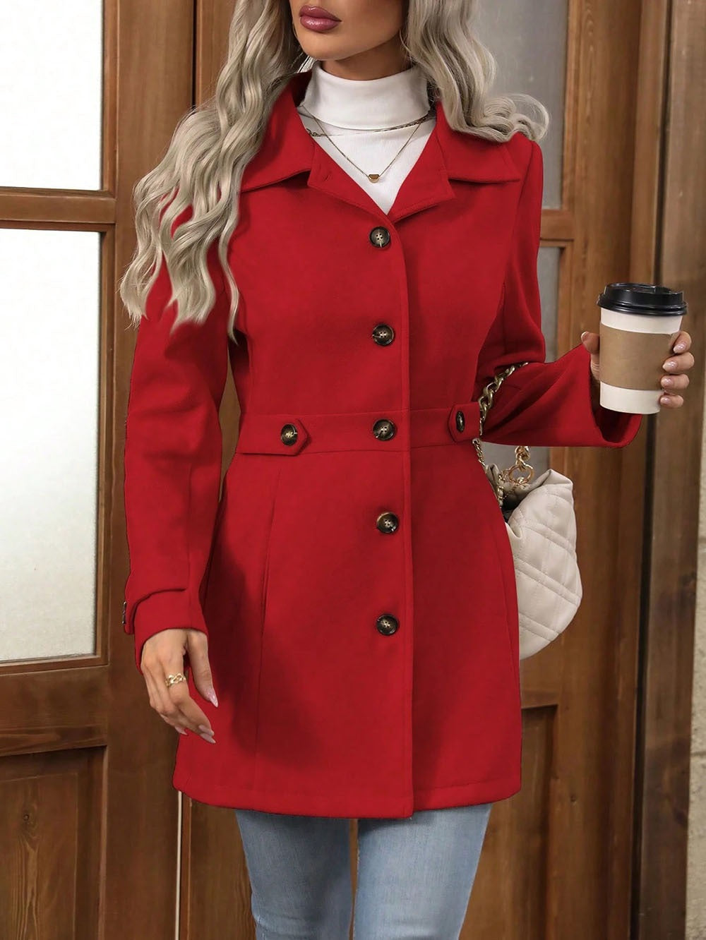 Manteau slim fit en laine avec col à revers pour femme