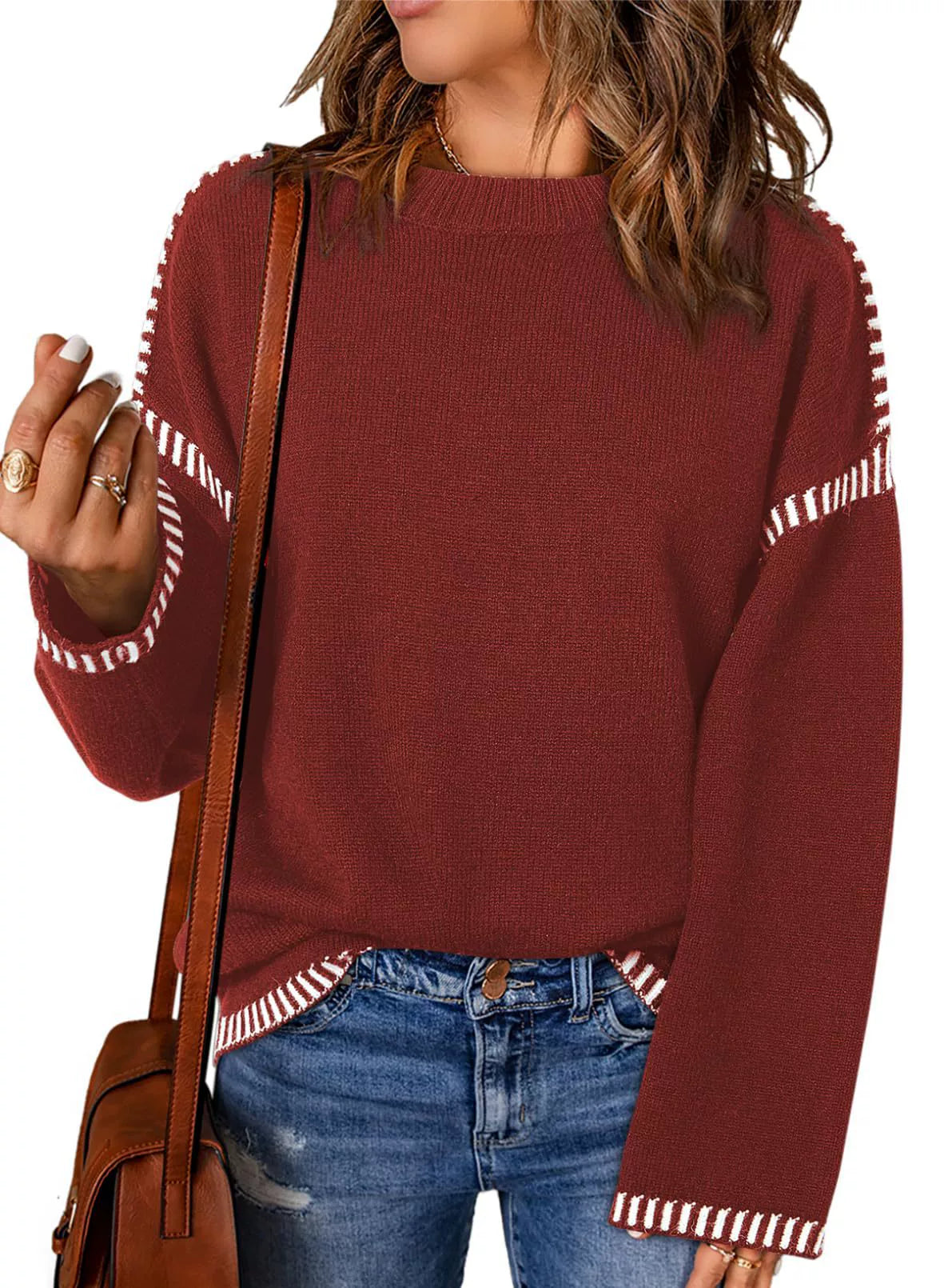 Vêtements amples pour femmes Col rond Tricot torsadé Manches longues Rayures