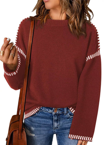 Vêtements amples pour femmes Col rond Tricot torsadé Manches longues Rayures