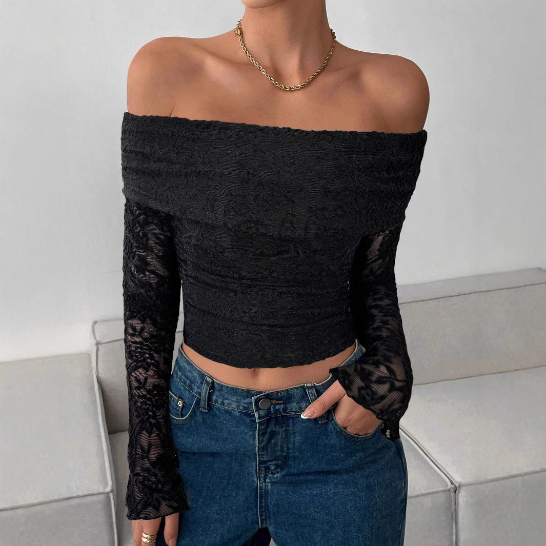 Damen Off-Shoulder Top Spitze Langarm Rüschen - IdealeKleiden