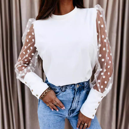 Damen Bluse Transparent Ärmel Punkte Chic - IdealeKleiden