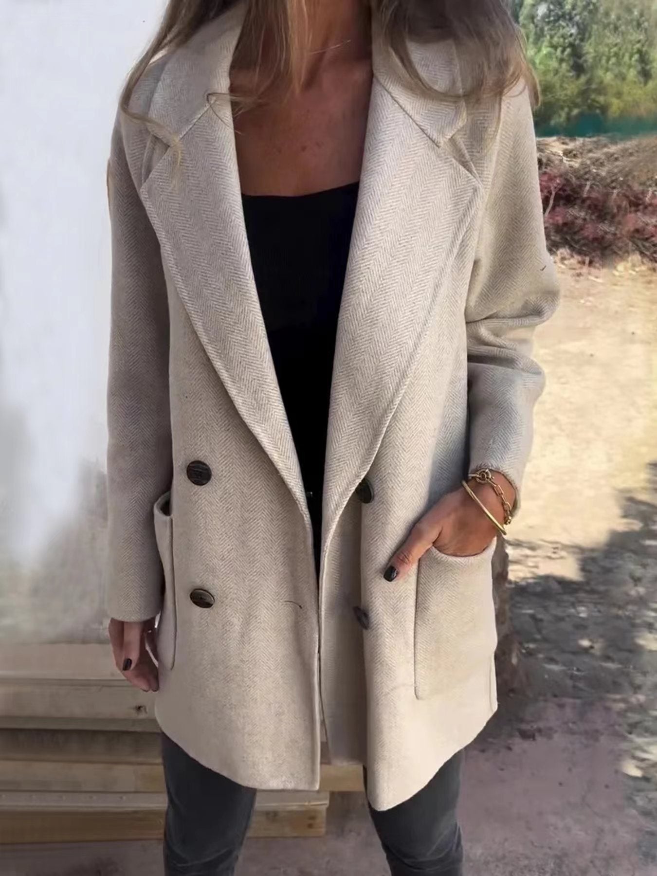 Manteau long homme en laine mélangée, double boutonnage, col à revers