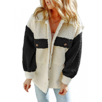 Veste Teddy douce pour femme, manches contrastantes, hiver