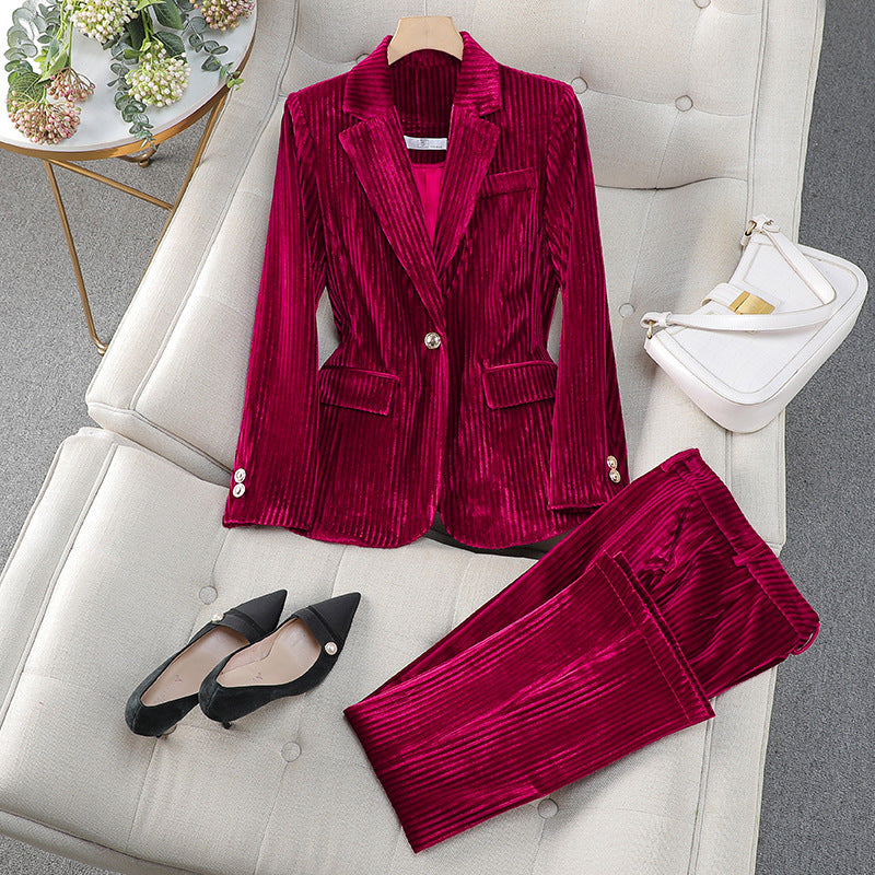Damen Business Anzug Set mit Langem Samt Blazer - IdealeKleiden