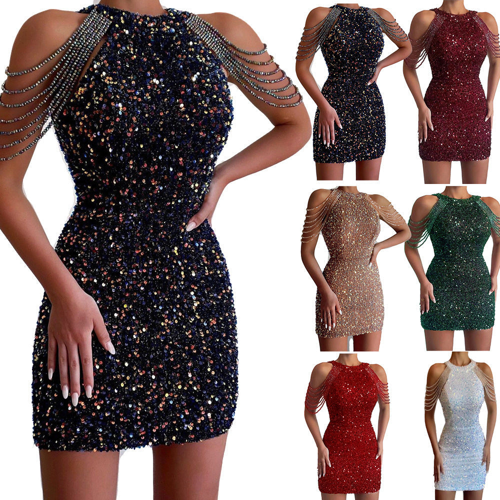 Damen Abendkleid Glitzernd Elegant Spaghettiträger - IdealeKleiden