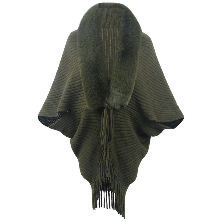 Poncho de luxe tricoté pour femme avec col en fausse fourrure et franges