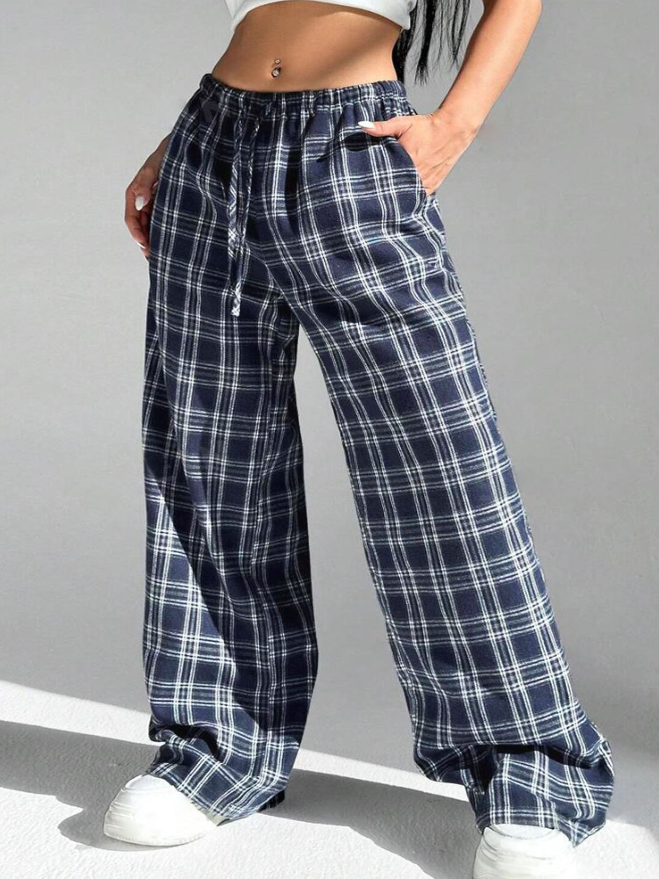 Pantalon à carreaux pour femmes, confortable, élastique, avec poches