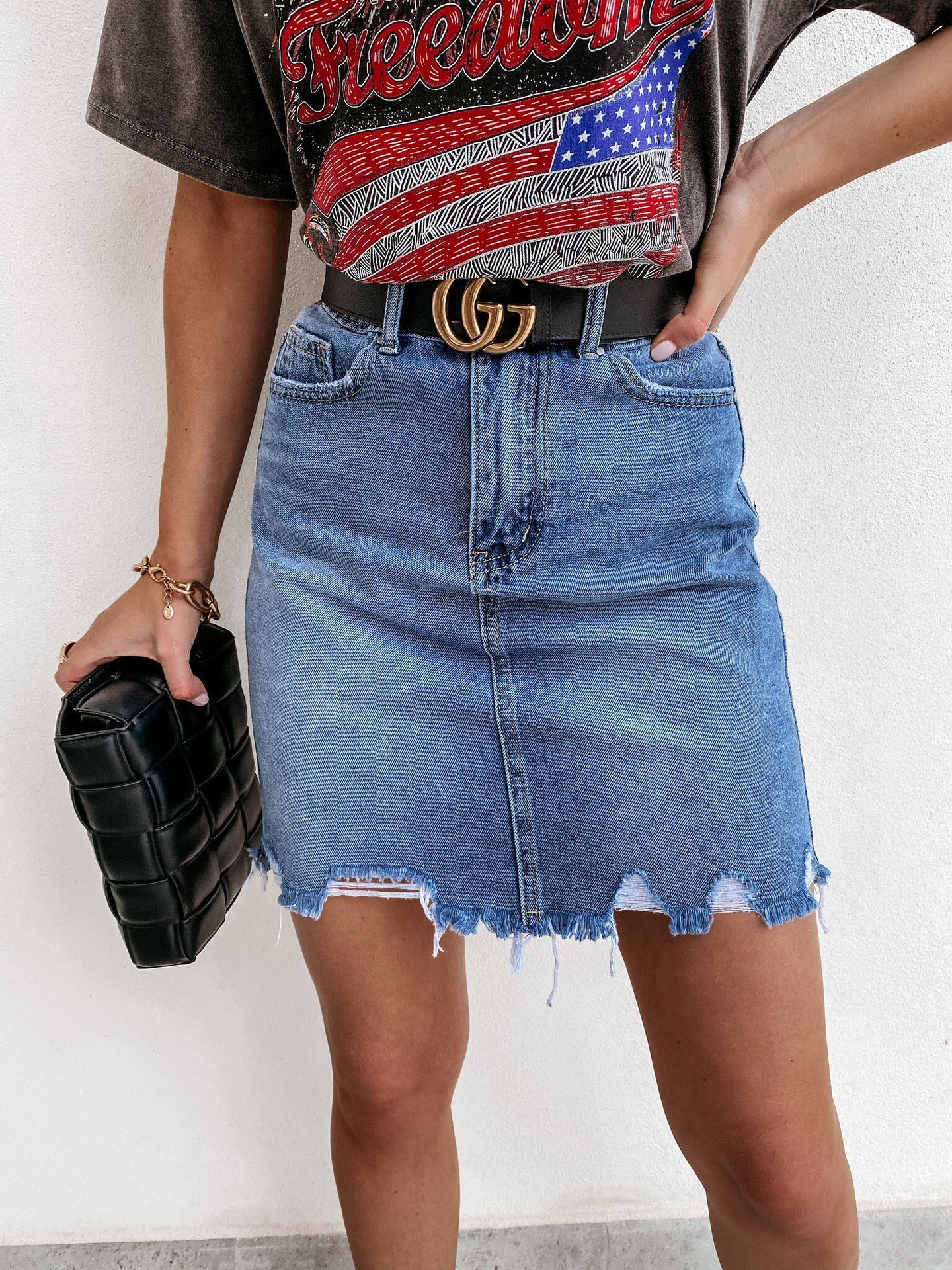Jupe en jean taille haute à franges pour femme