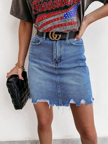 Jupe en jean taille haute à franges pour femme