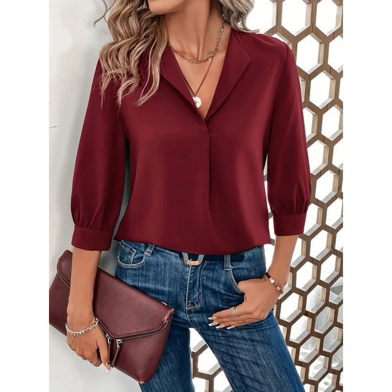 Chemisier Femme Col en V Manches 3/4 Design Élégant