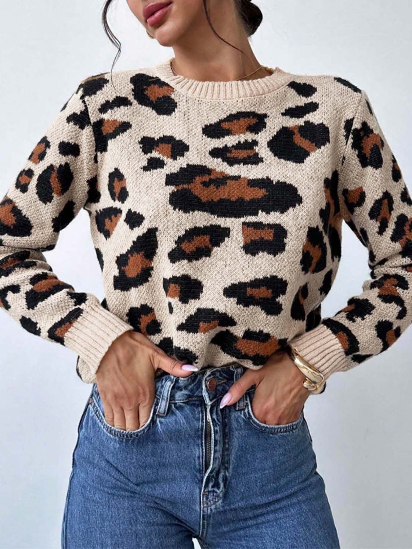 Pull en maille léopard pour femme avec épaules tombantes