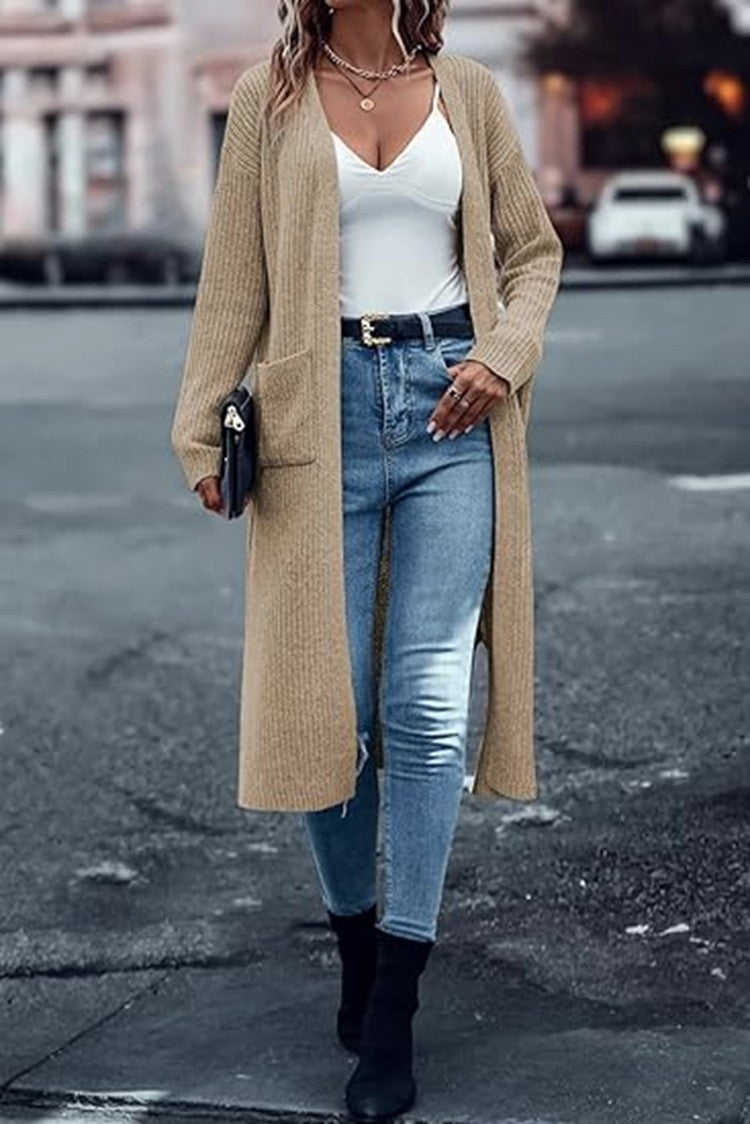 Gilet long en maille à manches longues avec poches pour femme