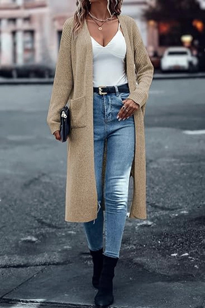 Gilet long en maille à manches longues avec poches pour femme