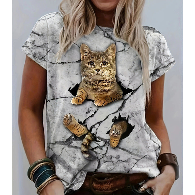 T-shirt femme chat 3D look déchiré tendance