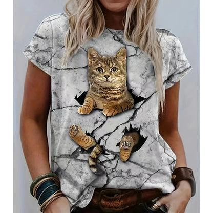 T-shirt femme chat 3D look déchiré tendance