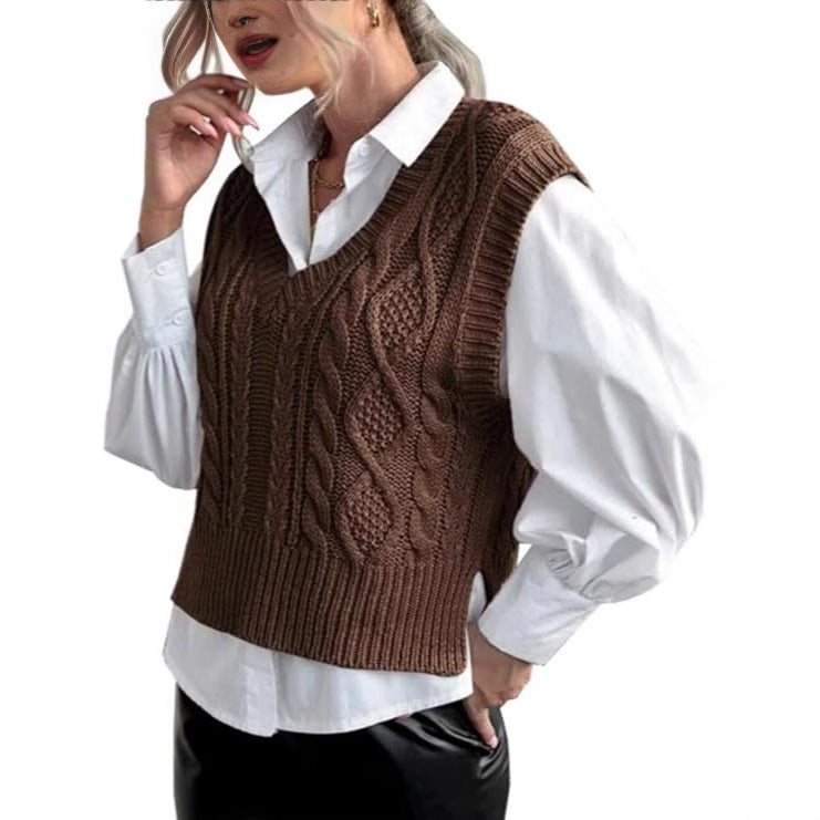 Gilet en maille pour femme, col en V, torsades, design élégant