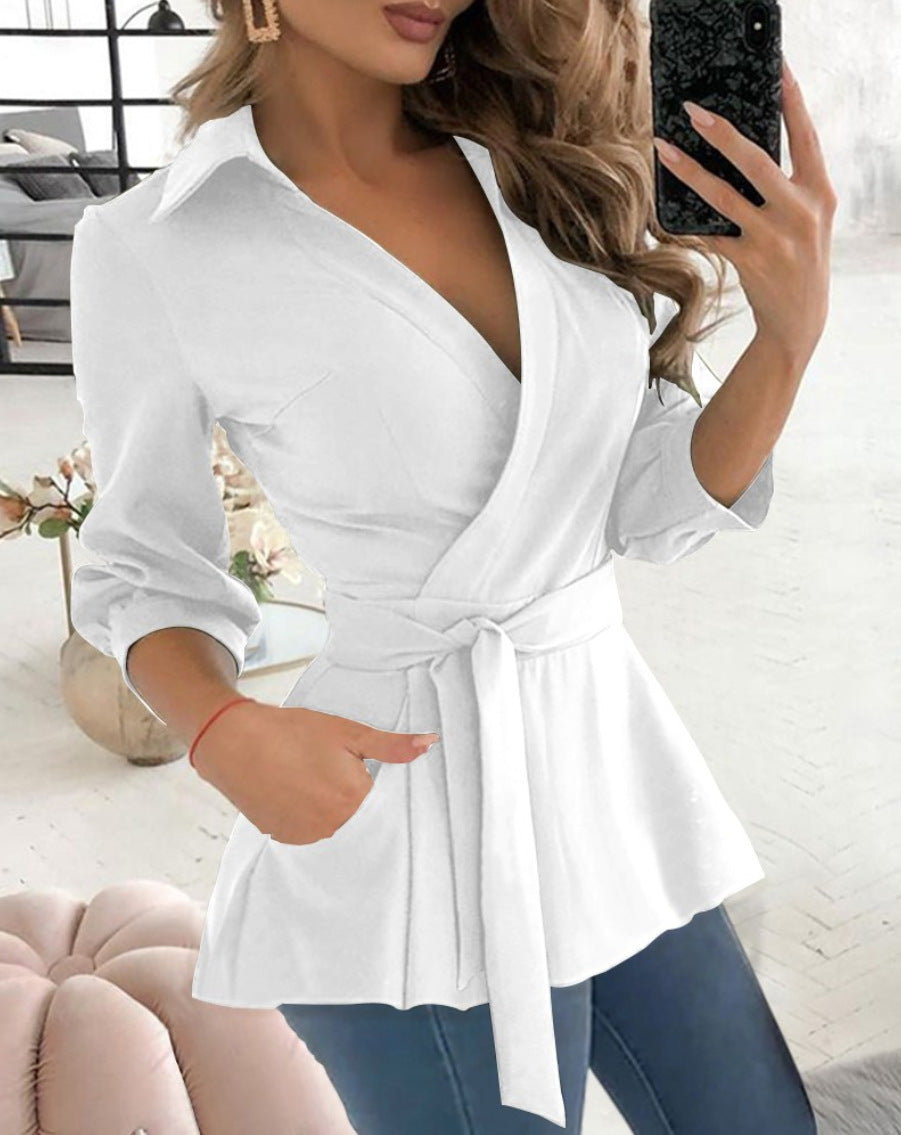 Robe Élégante Ceinture Col V Manches Longues