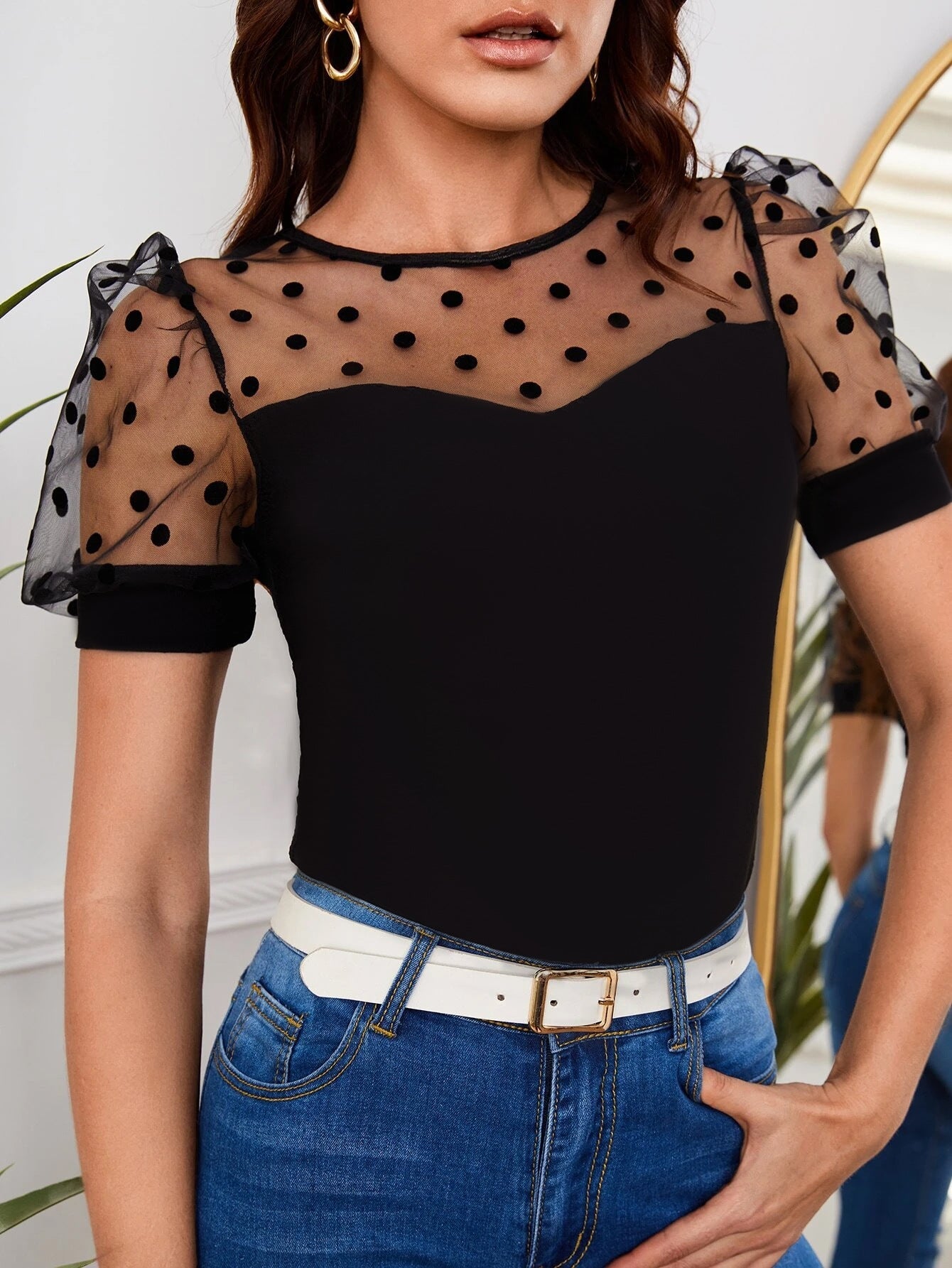 Haut femme élégant manches bouffantes pois tendance