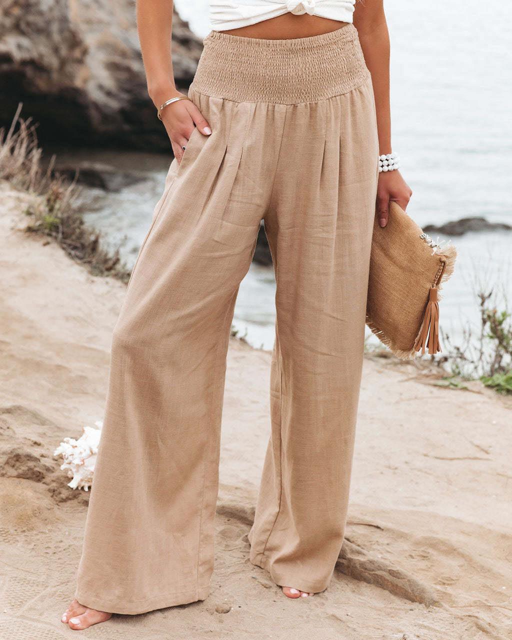 Pantalon ample en lin pour femme avec détail plissé