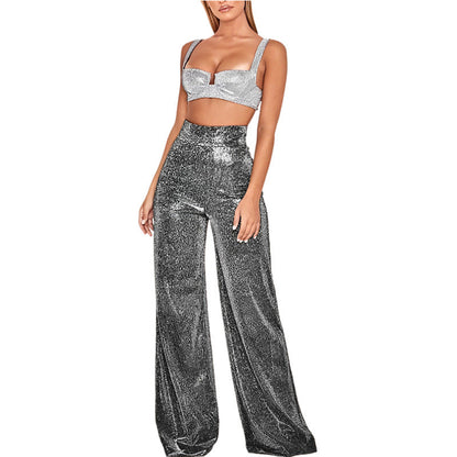 Ensemble deux pièces femme pailleté taille haute élégant