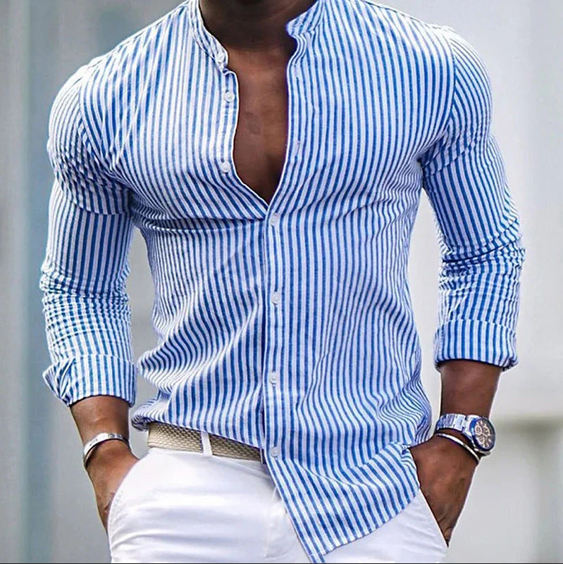 Chemise Homme Manches Longues Col Montant Rayé Moderne