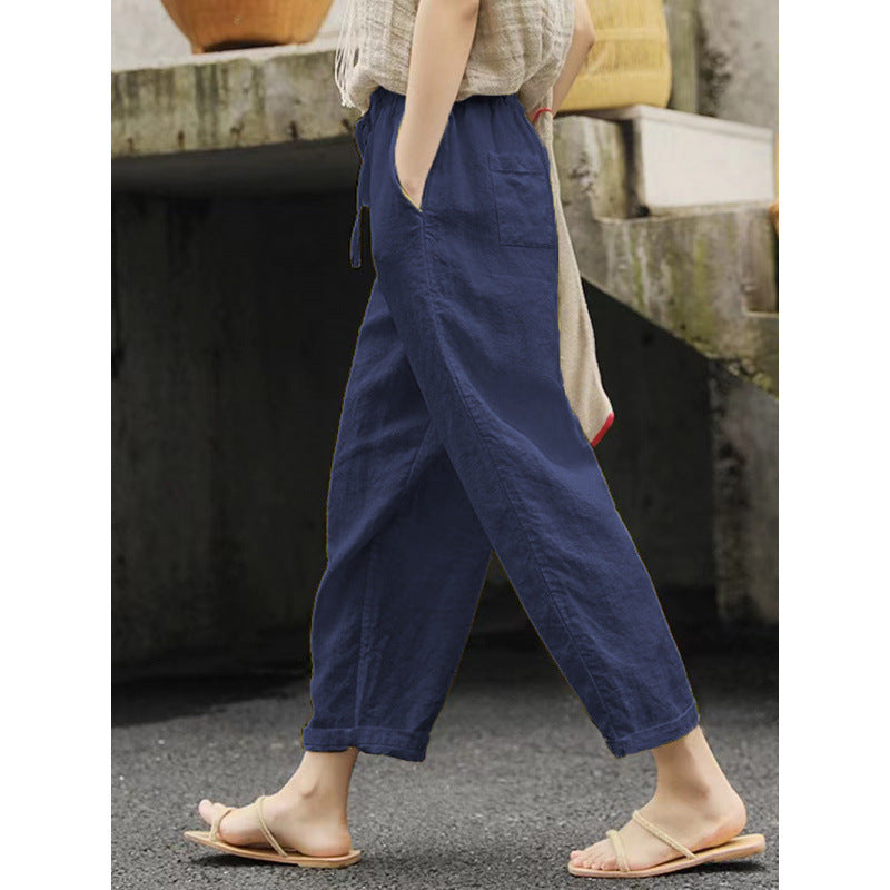 Pantalon en lin femme confortable élastique avec poches