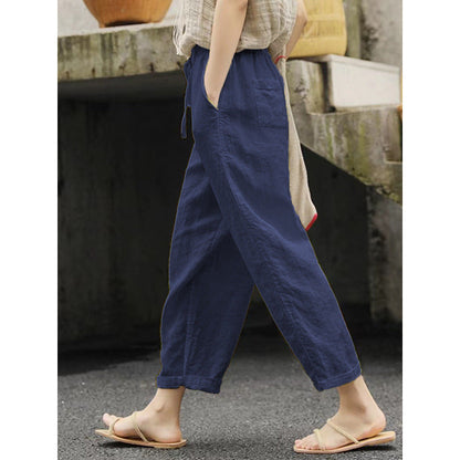 Pantalon en lin femme confortable élastique avec poches