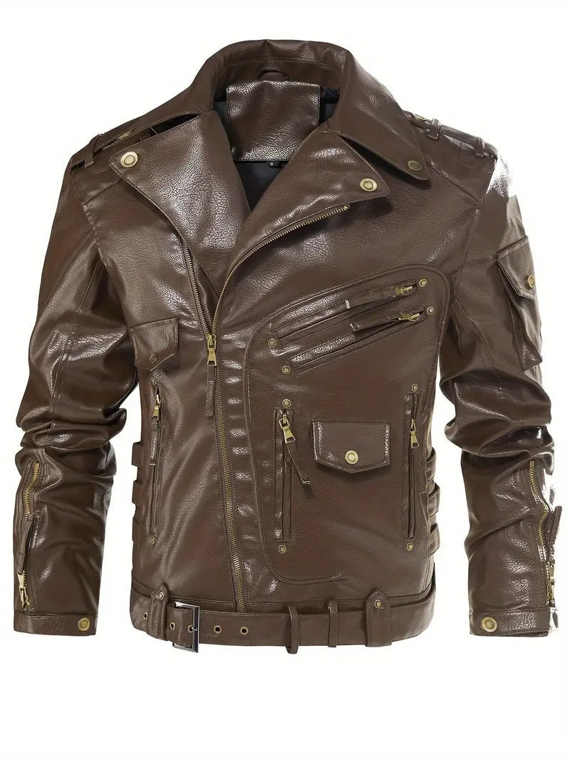 Blouson en cuir pour homme, style motard, fermeture éclair, poches
