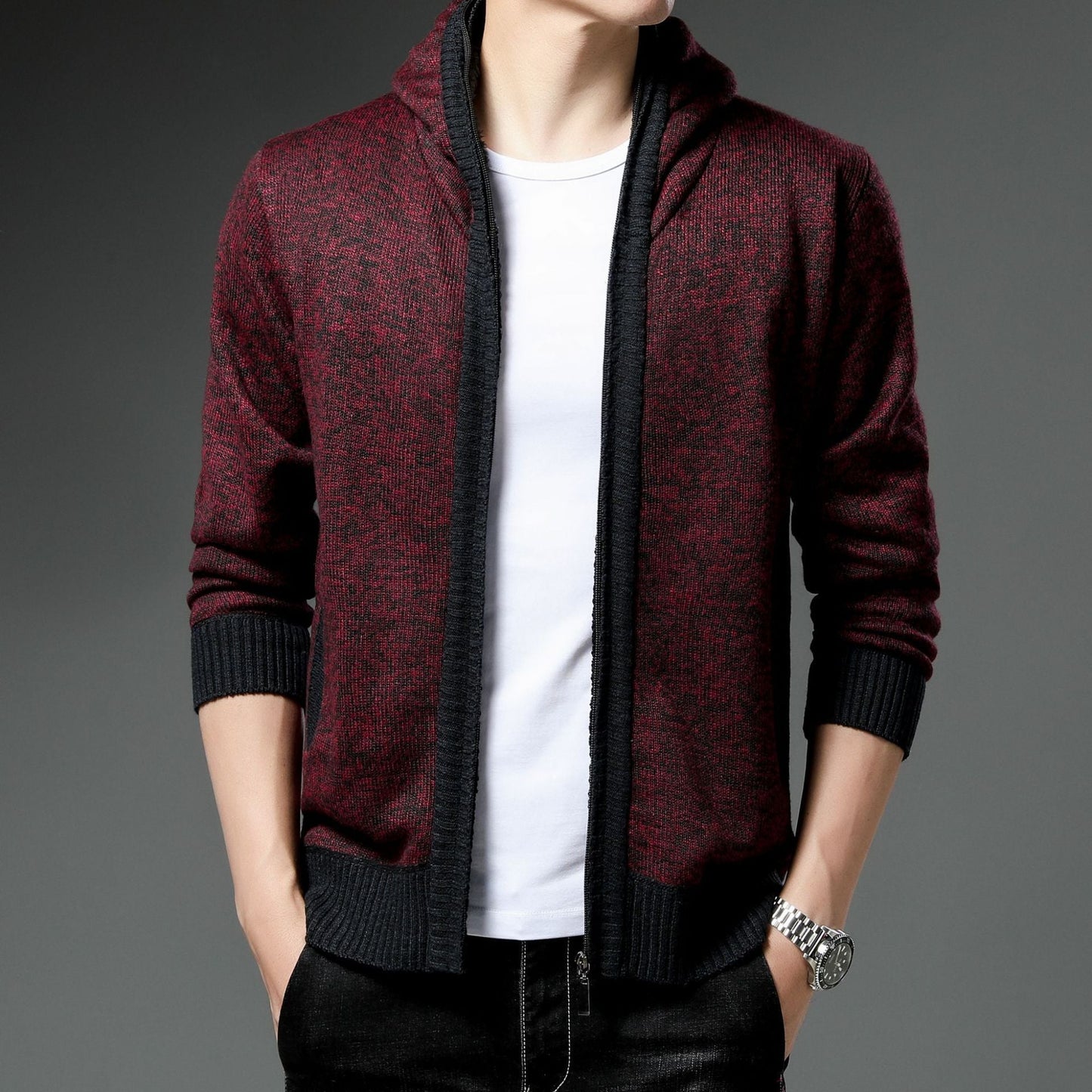 Cardigan Homme Moderne Capuche Noir Blanc