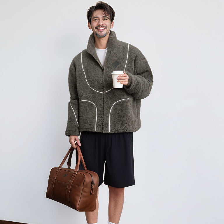Veste teddy pour homme Confortable Coutures contrastées Veste d'hiver