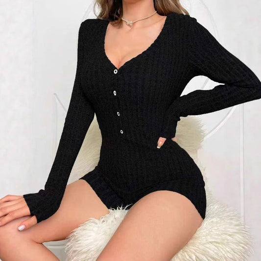 Damen Jumpsuit Elegant V-Ausschnitt mit Knöpfen - IdealeKleiden