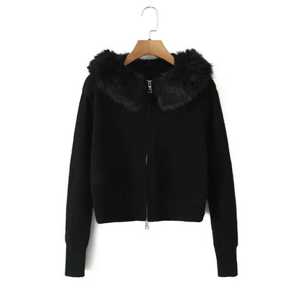 Cardigan pour femme col en fausse fourrure de luxe fermeture éclair