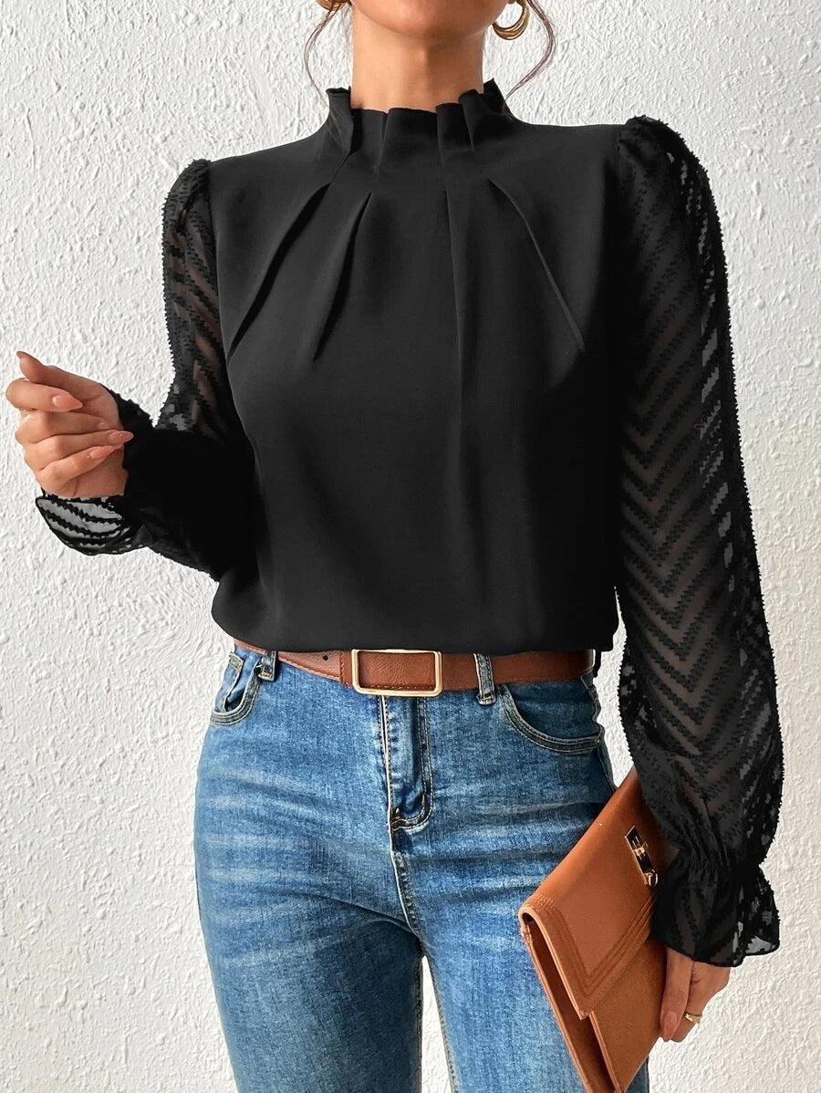 Chemisier élégant pour femme Col plissé Manches transparentes