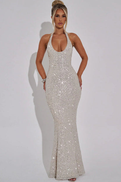 Robe de soirée scintillante à paillettes décolleté en V profond épaules dénudées