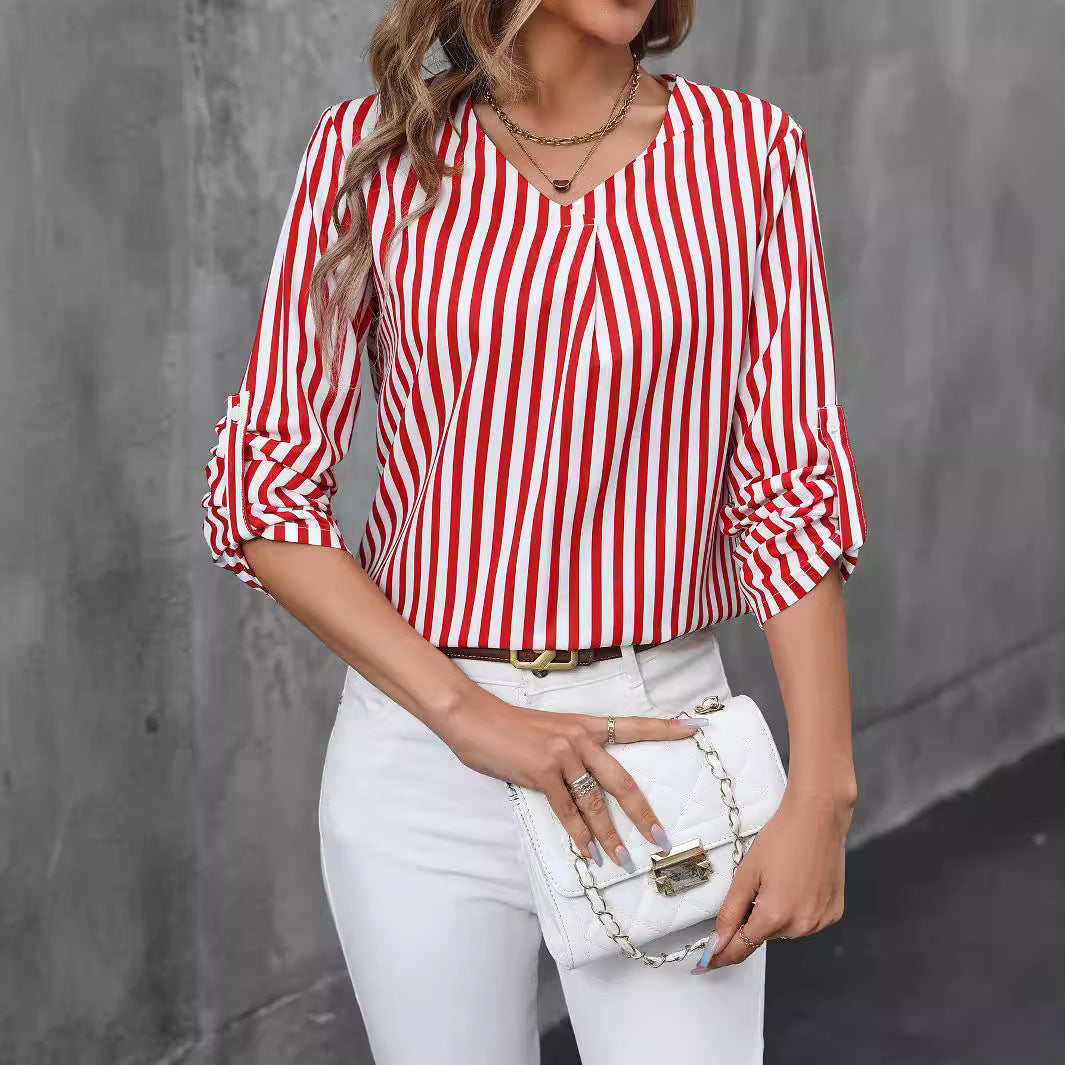 Damen Bluse Streifenmuster Modern V-Ausschnitt - IdealeKleiden