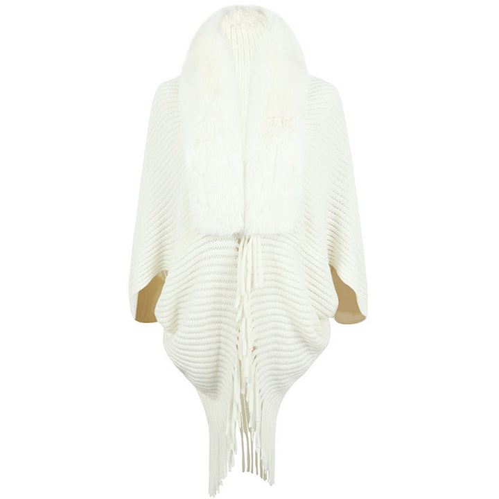 Poncho de luxe tricoté pour femme avec col en fausse fourrure et franges
