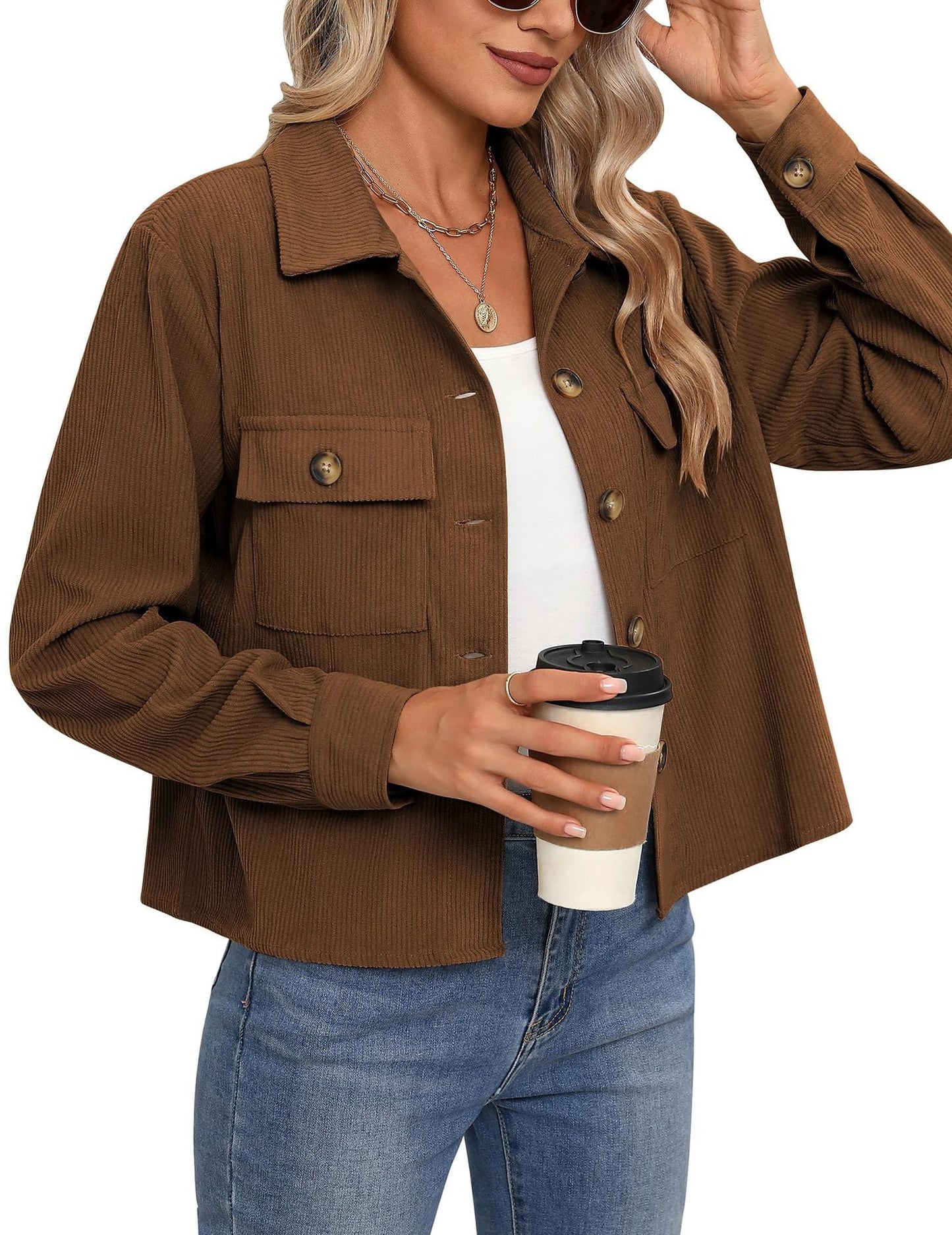 Veste en velours côtelé pour femme, design moderne à deux poches