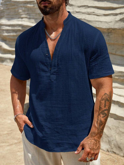Chemise à manches courtes pour homme, col montant moderne, légère en coton