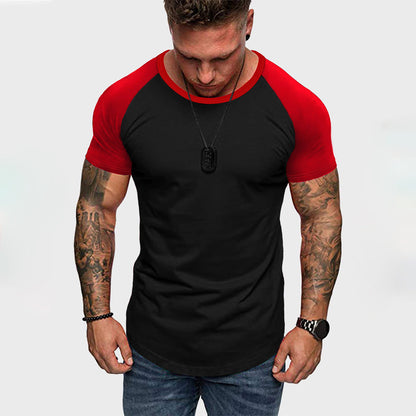 Herren Rundhals-Shirt Slim Fit Kontrast Ärmel - IdealeKleiden