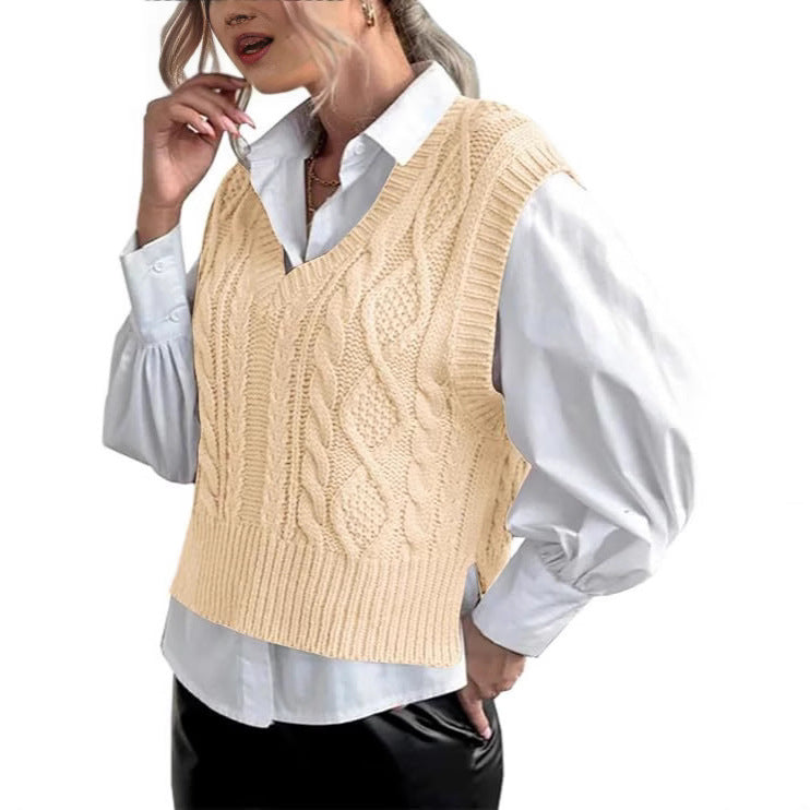 Gilet en maille pour femme, col en V, torsades, design élégant