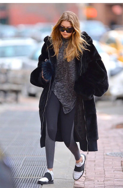 Manteau oversize pour femme, fausse fourrure, capuche et poches